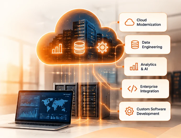Cloud infrastructure, servers and a data analytics dashboard